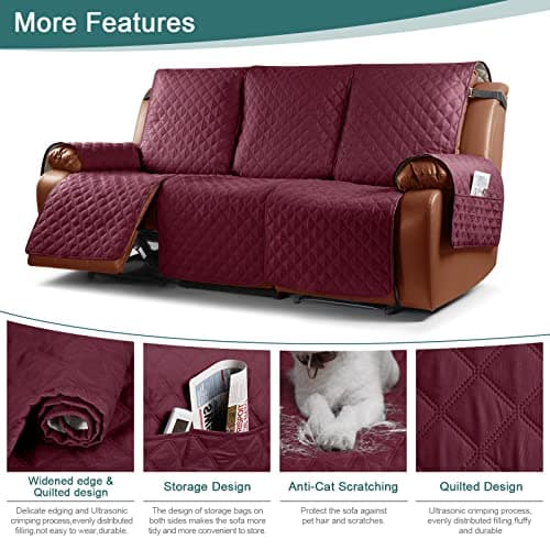 Ruaozz Waterproof Recliner Sofa Cover with Elastic Straps and Pocket for Kids, Dogs, Pets (Wine, 3 Seater)