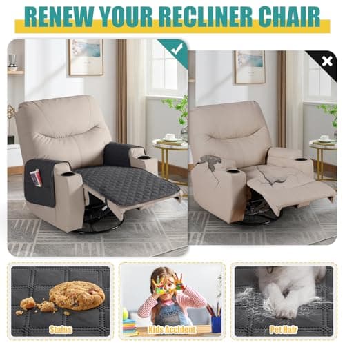 Ruaozz Waterproof Recliner Cover for Reclining Chair with Arms (Charcoal Grey, Medium-25'')
| Ruaozz Non Slip Chair Covers for Reclining Chair with Pocket (Charcoal Grey, Medium-25'')
| Ruaozz Washable Seat Cover for Reclining Chair with Arms (Charc