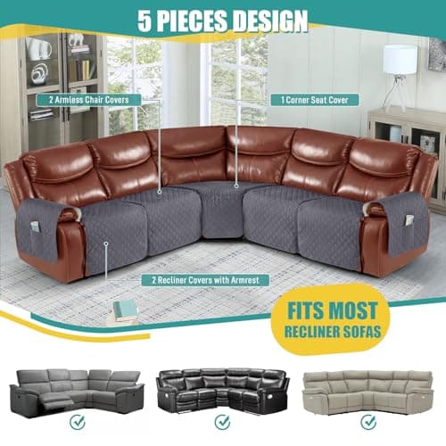 Waterproof Oversized Couch Covers for Reclining Sectional Sofas with Pockets - Dark Grey (5 Seat)