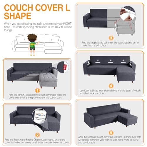L Shaped Sofa Cover with Pillowcases for Right-Facing Sectional - Charcoal Gray