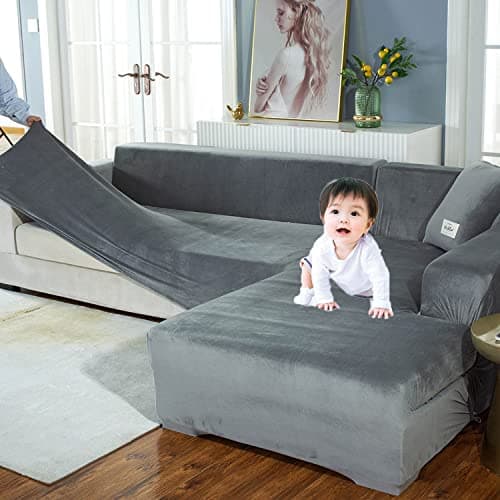 L Shape Stretch Sofa Slipcover for 3 Cushion Couch (Green, 3+3 Seat) — Grey