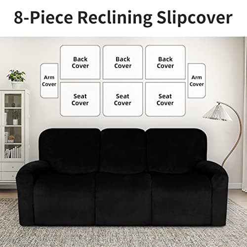 8-Pieces Velvet Recliner Couch Covers for 3-Seater Sofa (Black)