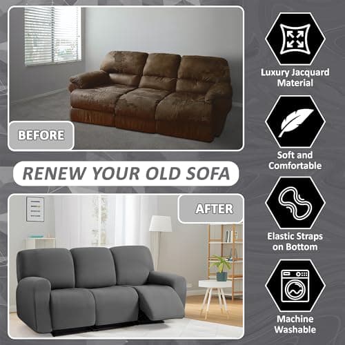 ULTICOR Jacquard Stretch Reclining Sofa Covers for 3-Cushion Couch (Dark Grey, 3 Seater)