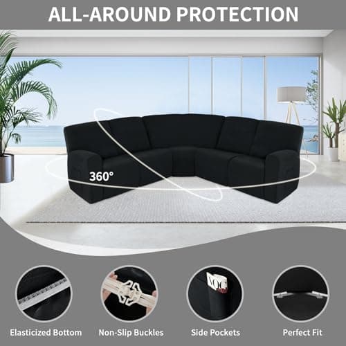 100% Waterproof Recliner Cover for Large Sectional Sofas, Protecting L-Shape Furniture for Kids & Pets, Black