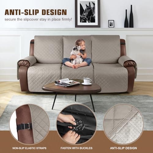 KinCam Waterproof Recliner Sofa Cover, Khaki, 3 Seat Recliner Furniture Protector