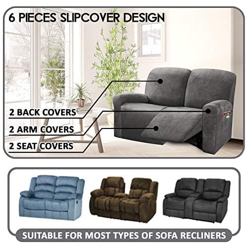 ULTICOR 6-Piece Velvet Reclining Love Seat Slipcover (Dark Grey)