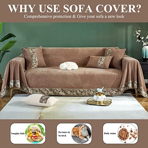 DREAMINGO Thickened Chenille Couch Cover, X-Large Brown, Multi-Use Dog and Cat Protector