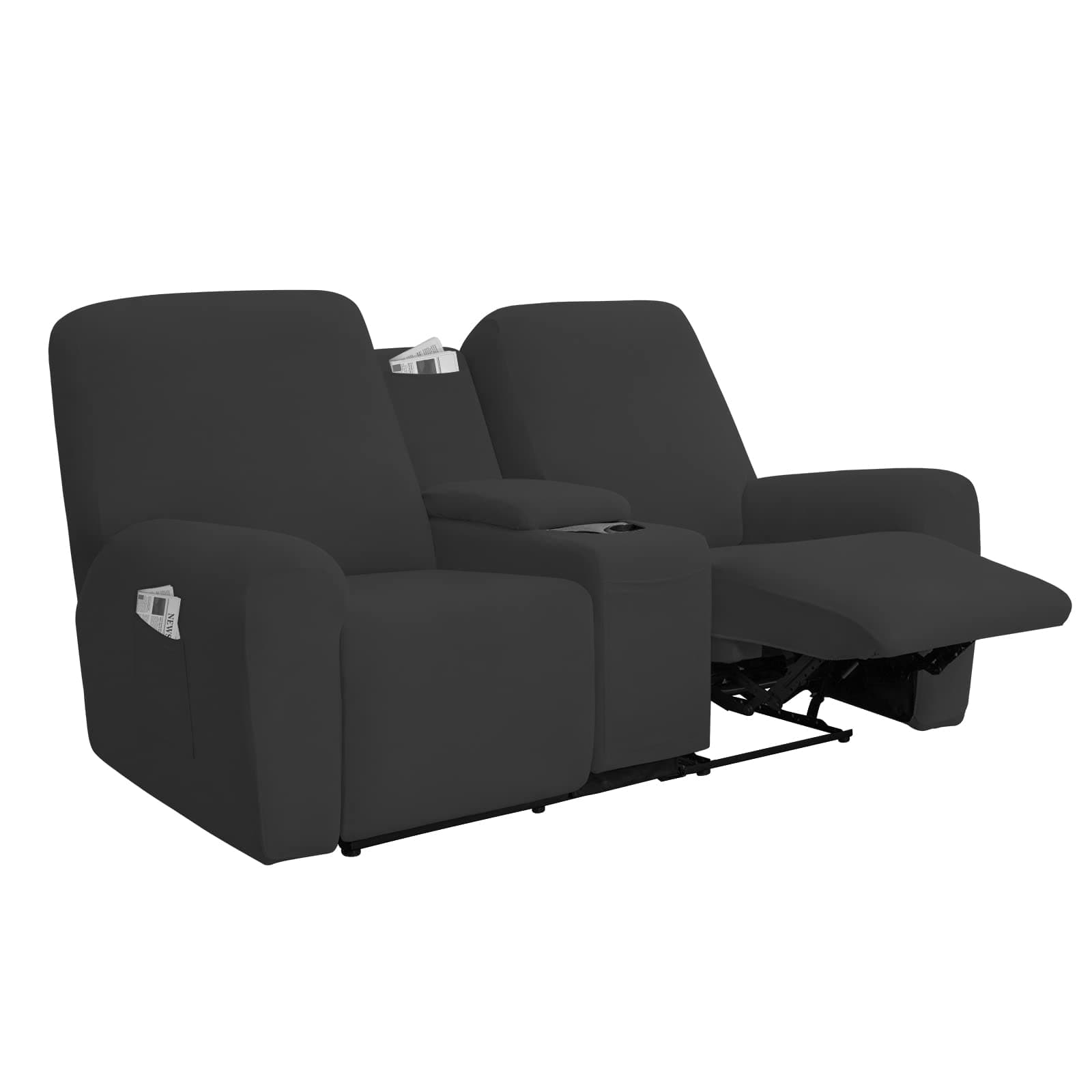 Dark Gray Stretch Recliner Loveseat Cover with Center Console Fleece Slipcover 2 Seats Washable