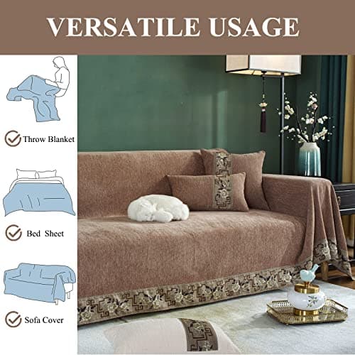 DREAMINGO Thickened Chenille Couch Cover, X-Large Brown, Multi-Use Dog and Cat Protector