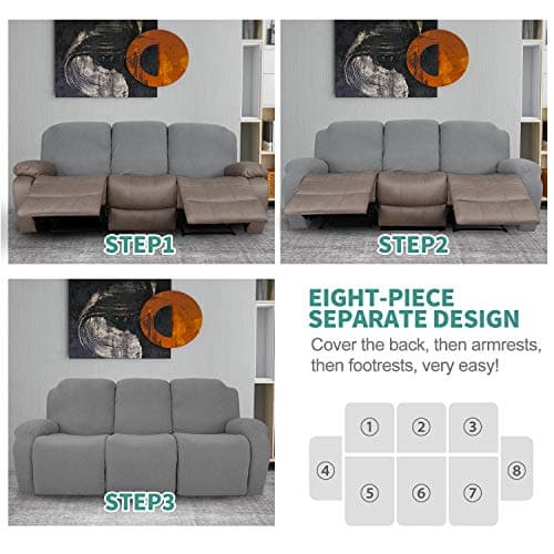 YEMYHOM Stretch Recliner Sofa Cover with Side Pocket, Light Gray, 8 Pieces