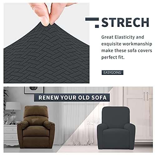 Dark Gray Stretch Jacquard Recliner Couch Cover, Washable Sofa Protector