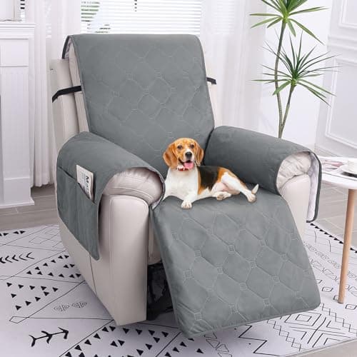 100% Waterproof Recliner Chair Covers, Non-Slip, Pet-Durable, with Pocket (Dark Grey)