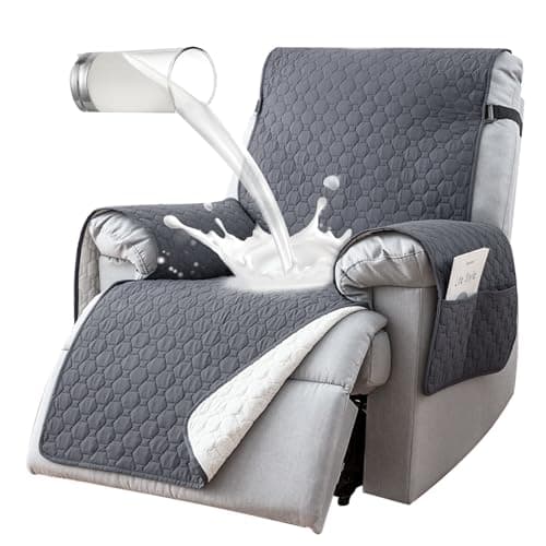 100% Waterproof Non-Slip Recliner Cover with 5 Pockets, Gray Blue — Grey