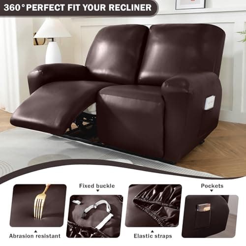 Dark Coffee 2 Seat Waterproof Faux PU Leather Recliner Loveseat Slipcover