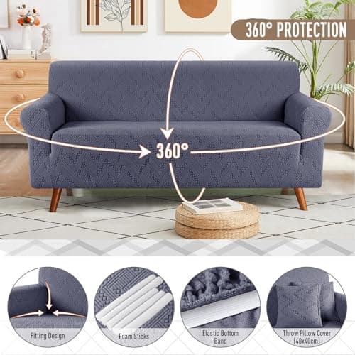 Ruaozz 3 Seater Grey Stretch Sofa Cover with Throw Pillows