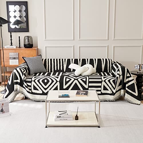 DREAMINGO Thickened Chenille Couch Cover, X-Large Brown, Multi-Use Dog and Cat Protector — A2# Black(boho Geometric)