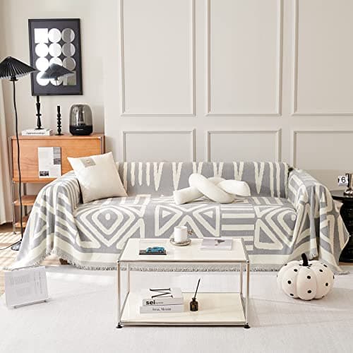 DREAMINGO Thickened Chenille Couch Cover, X-Large Brown, Multi-Use Dog and Cat Protector — A2# Grey(boho Geometric)
