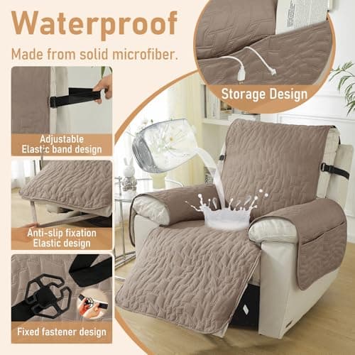 100% Waterproof Recliner Chair Covers, Non-Slip & Pockets for Kids & Pets, Khaki, 23IN