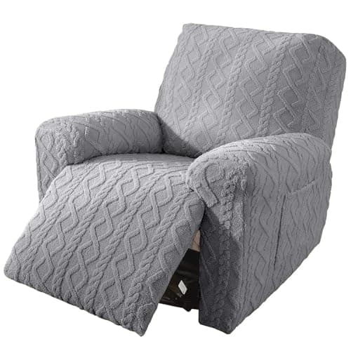 Cream 4-Piece Geometric Jacquard Plush Recliner Slipcovers for Couch (Kids, Cats, Dogs) — Grey
