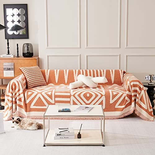 DREAMINGO Thickened Chenille Couch Cover, X-Large Brown, Multi-Use Dog and Cat Protector — A2# Orange(boho Geometric)