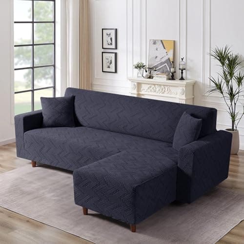 Stretch L Shape Sofa Cover with Chaise Lounge and Throw Pillow Covers - Dark Gray — Black Gray
