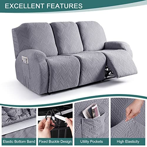 Ruaozz Recliner Sofa Covers for 3 Seat Sofa, Soft Washable Couch Cover with Elastic Bottom for Kids Pets, Moon Gray