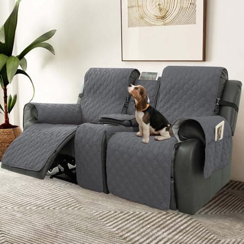 100% Waterproof Loveseat Recliner Cover with Center Console, Pets & Kids Protector (Grey)