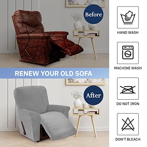 Silver Grey Velvet High Stretch Recliner Chair Cover, Washable Protector with Non-Slip Bottom