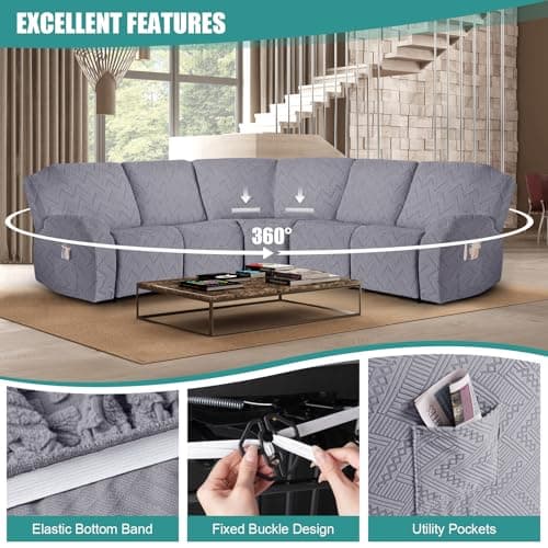Ruaozz Stretch L-Shaped Recliner and Chaise Light Grey Cover
