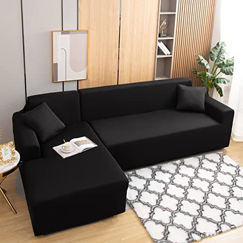 Black 2 Pcs Stretch Sectional Sofa Cover with Pillow Covers for L Shape Couch