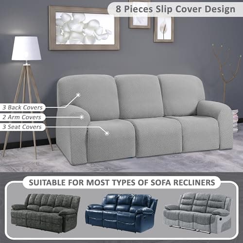 ULTICOR Stretch Recliner Sofa Covers for 3-Cushion Couch (Light Grey, 3 Seater)