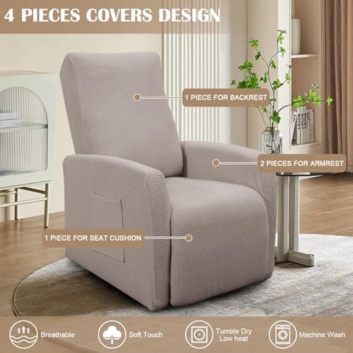Jacquard Recliner Chair Cover, Taupe, Recliner Protector with Pocket