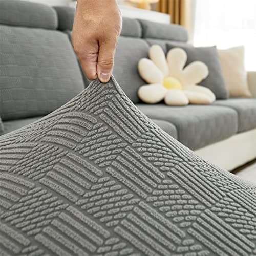 Elastic Couch & Sectional Slipcovers L-Shaped Chaise Grey/White Living Room Furniture Protector — A Biscuit Light Grey