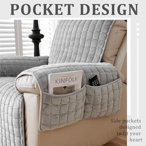 Washable Large Taupe Quilted Slipcover for Recliner and Furniture with Side Pocket