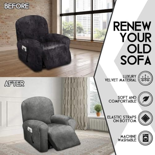 ULTICOR 4-Piece Velvet Recliner Cover, Dark Grey