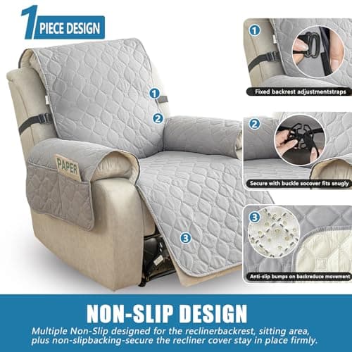 100% Waterproof & Non-Slip Recliner Sofa Cover, Pet Protection with Elastic Straps (Light Grey, 23")
