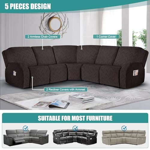 Ruaozz Chocolate Oversized L-Shaped Recliner Sectional Sofa Covers (5 Seats)
