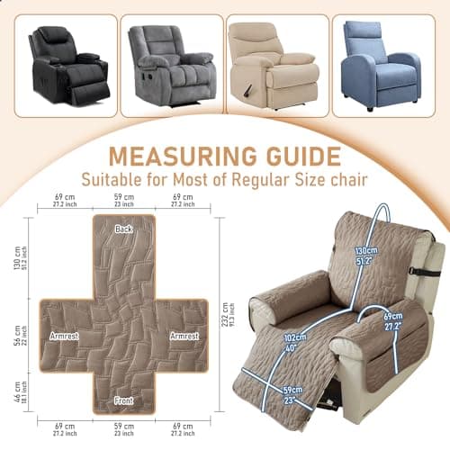 100% Waterproof Recliner Chair Covers, Non-Slip & Pockets for Kids & Pets, Khaki, 23IN