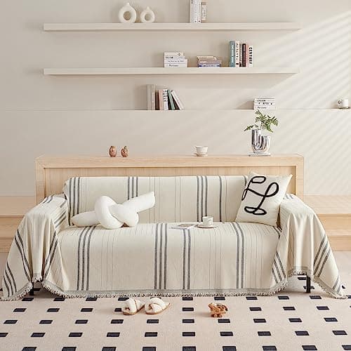 DREAMINGO Thickened Chenille Couch Cover, X-Large Brown, Multi-Use Dog and Cat Protector — A1# Light Grey(vertical Stripe)