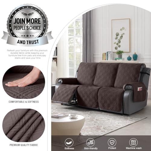 Waterproof Recliner Sofa Cover for 3 Seat Couch - Non Slip, 3-Piece with Straps, Washable - Kids and Pets (3 Seater, Chocolate)