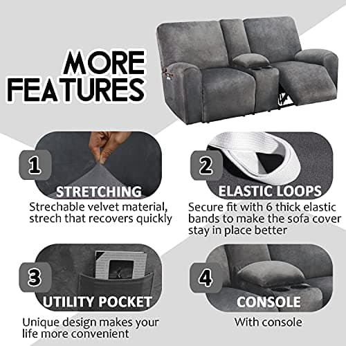 ULTICOR Dark Grey 8-Piece Velvet Reclining Loveseat Cover