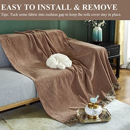 DREAMINGO Thickened Chenille Couch Cover, X-Large Brown, Multi-Use Dog and Cat Protector