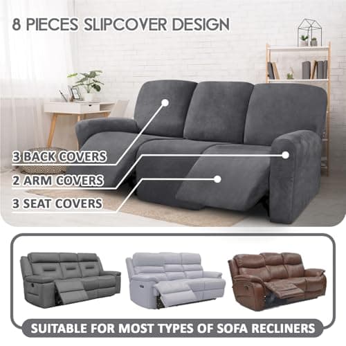 ULTICOR Velvet Recliner Sofa Covers for 3 Cushion Dark Gray