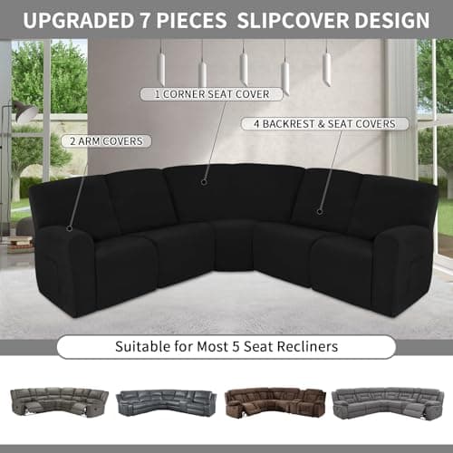 100% Waterproof Recliner Cover for Large Sectional Sofas, Protecting L-Shape Furniture for Kids & Pets, Black