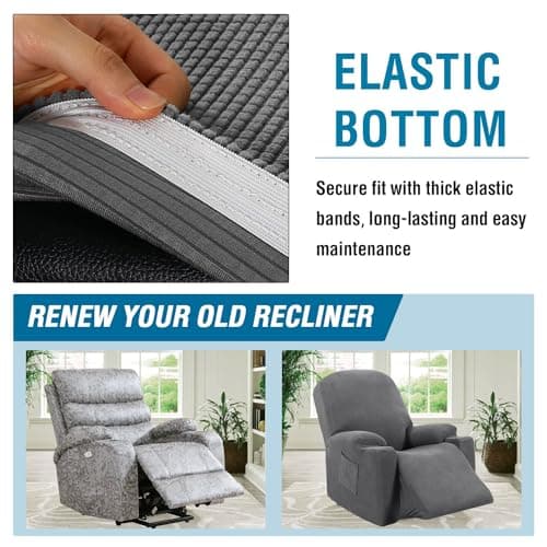 H.VERSAILTEX Grey Soft Thick Jacquard Stretch Recliner Cover with Side Pocket