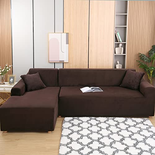 Dark Grey Velvet Stretch Couch Covers for 3+3 Seater L-Shaped Sectionals (Anti-Slip) — Coffee