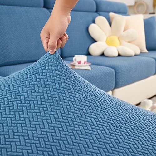 Elastic Couch & Sectional Slipcovers L-Shaped Chaise Grey/White Living Room Furniture Protector — Weave Blue