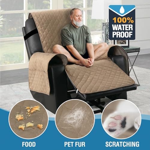 H.VERSAILTEX Khaki 100% Waterproof Power Lift Recliner Chair Cover, Non-Slip Side Pocket