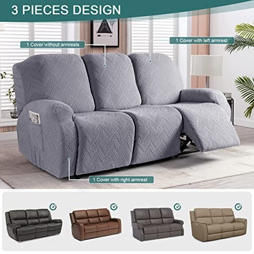 Ruaozz Recliner Sofa Covers for 3 Seat Sofa, Soft Washable Couch Cover with Elastic Bottom for Kids Pets, Moon Gray