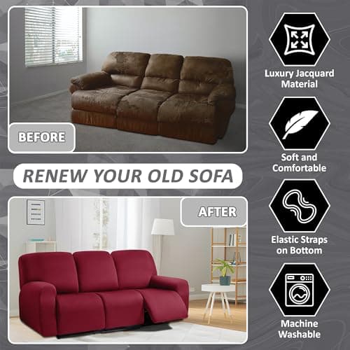 ULTICOR Squared Jacquard 8-Piece Recliner Sofa Covers (Burgundy - Wine)